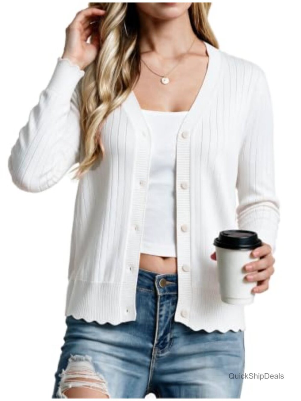 POINTogo Long Sleeve Button Down Knit Cardigan V-Neck Scalloped Hem